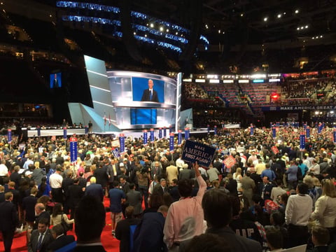 Mike Pence speaking at the Republican National Convention in Cleveland, Ohio on July 20, 2016, as seen from the California delegation's alternates section.